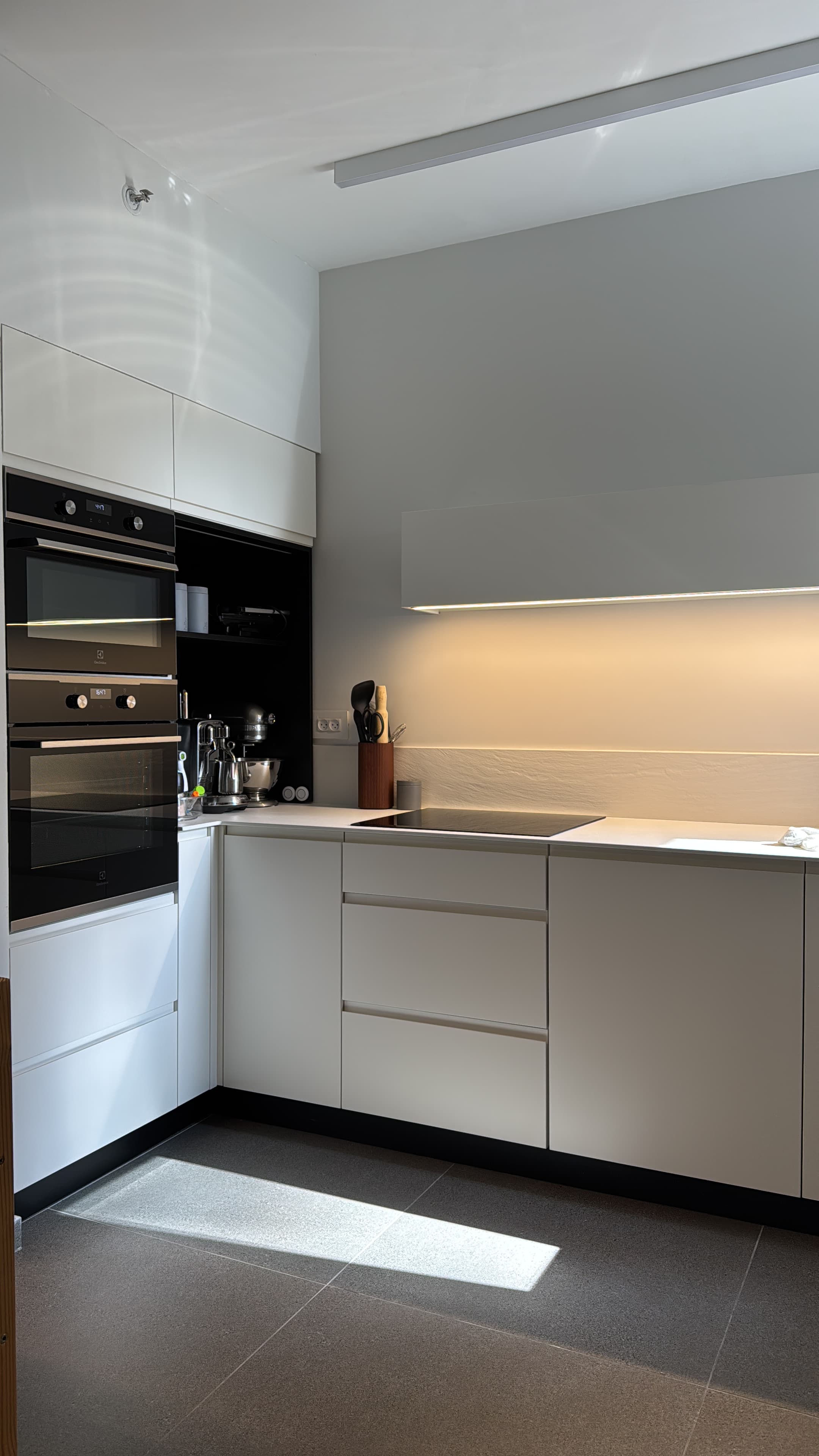 modern kitchen aerial view white cabinets
