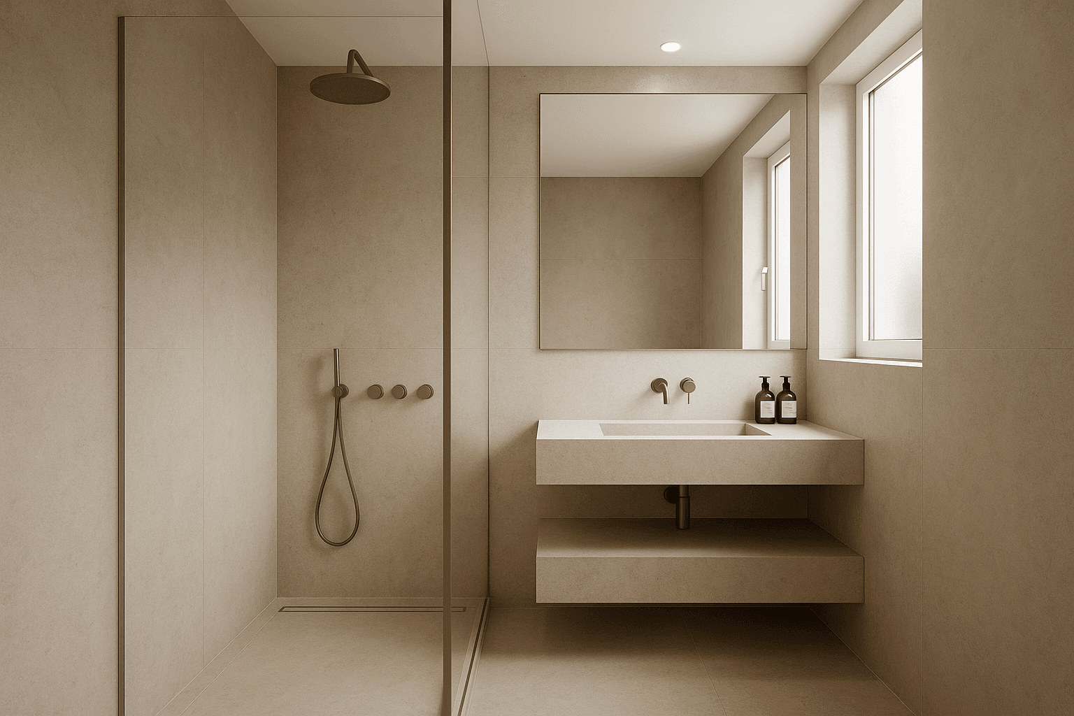 minimalist bathroom beige floating vanity