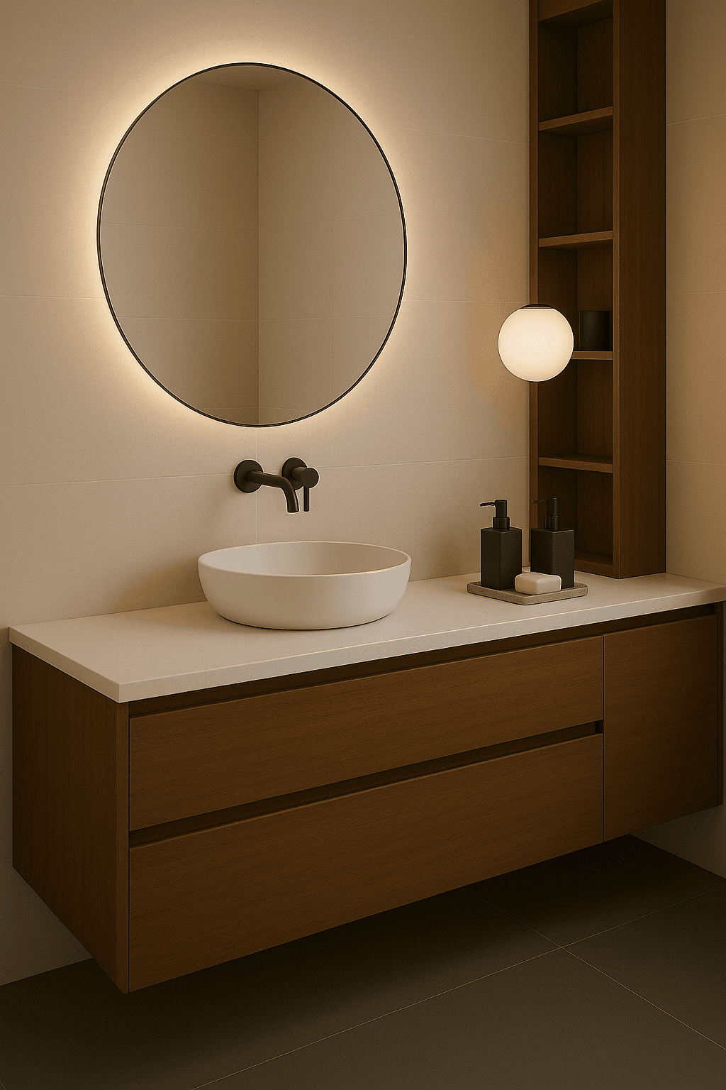 modern bathroom floating vanity round mirror