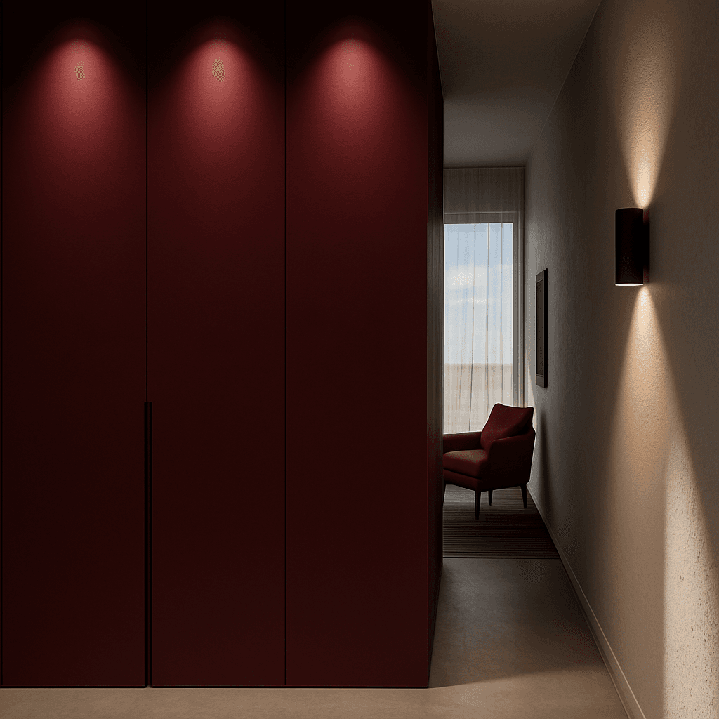 hallway burgundy closets accent lighting