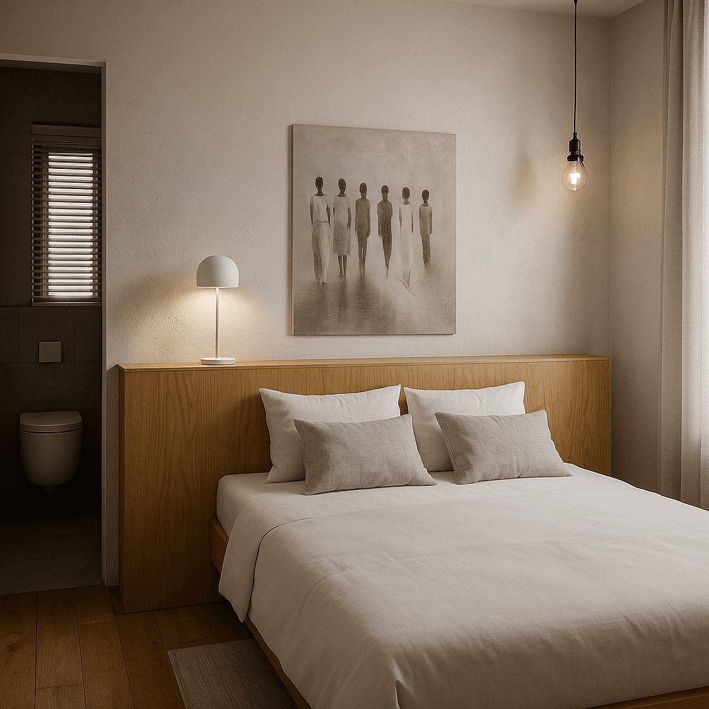 modern bedroom wood headboard pendant lighting