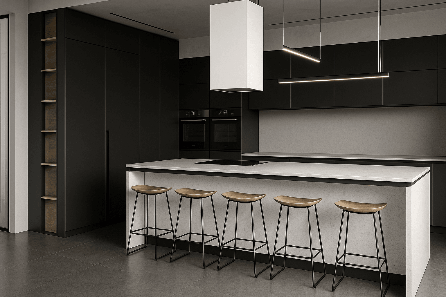 modern kitchen black cabinets white island