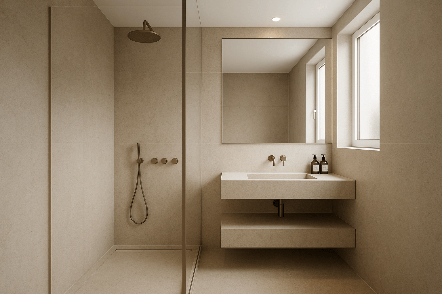 minimalist bathroom beige floating vanity