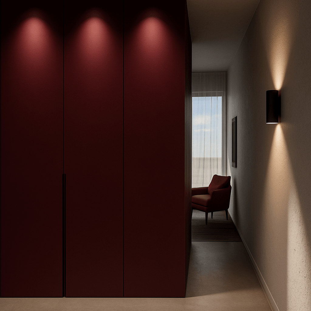 hallway burgundy closets accent lighting