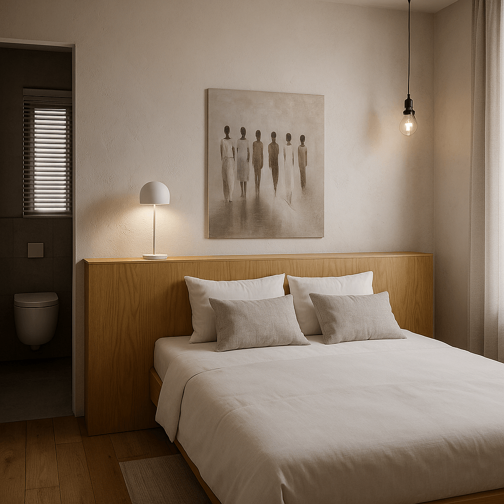 modern bedroom wood headboard pendant lighting