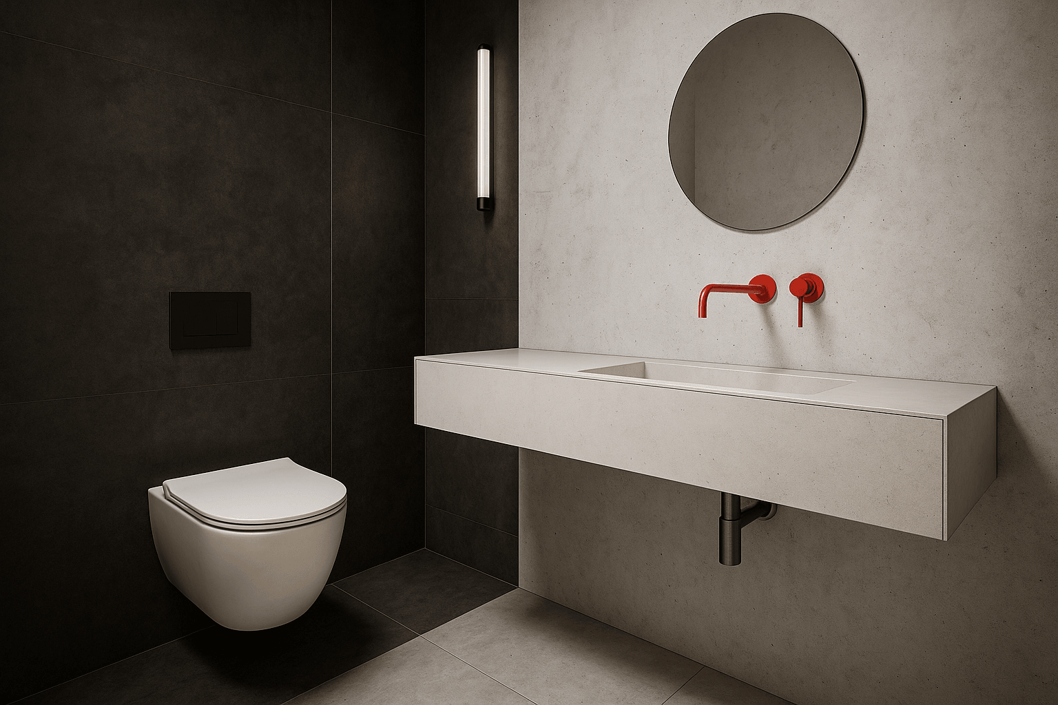 minimalist bathroom red faucet round mirror