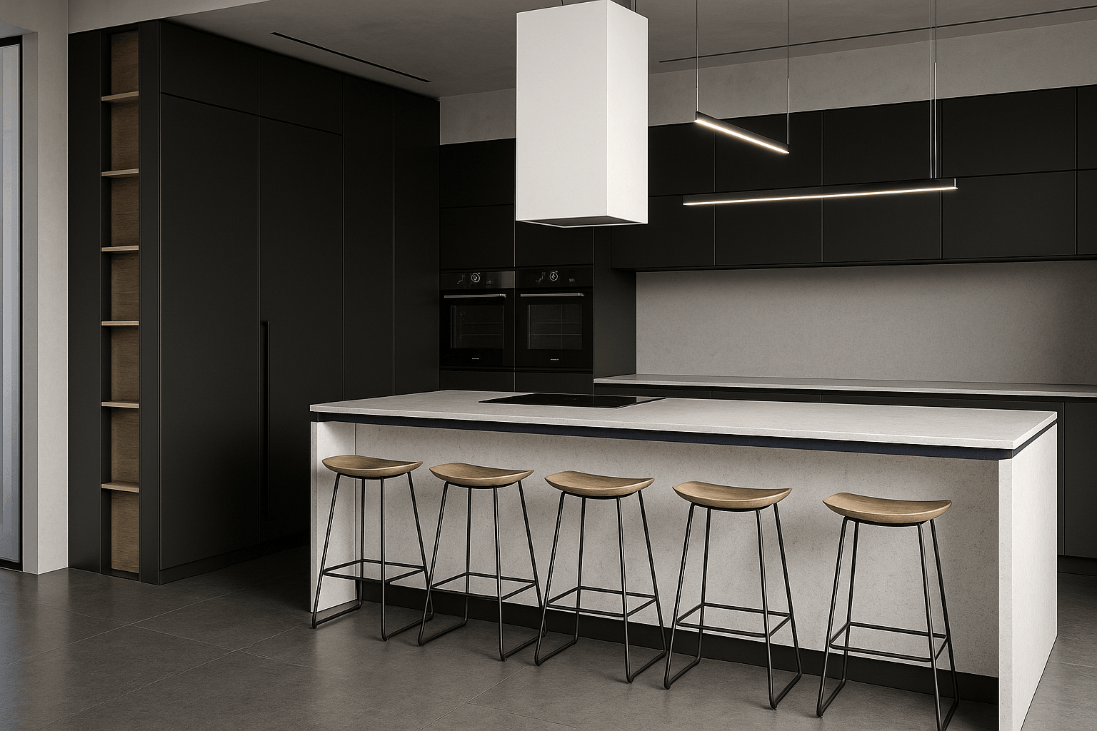 modern kitchen linear pendant wood stools