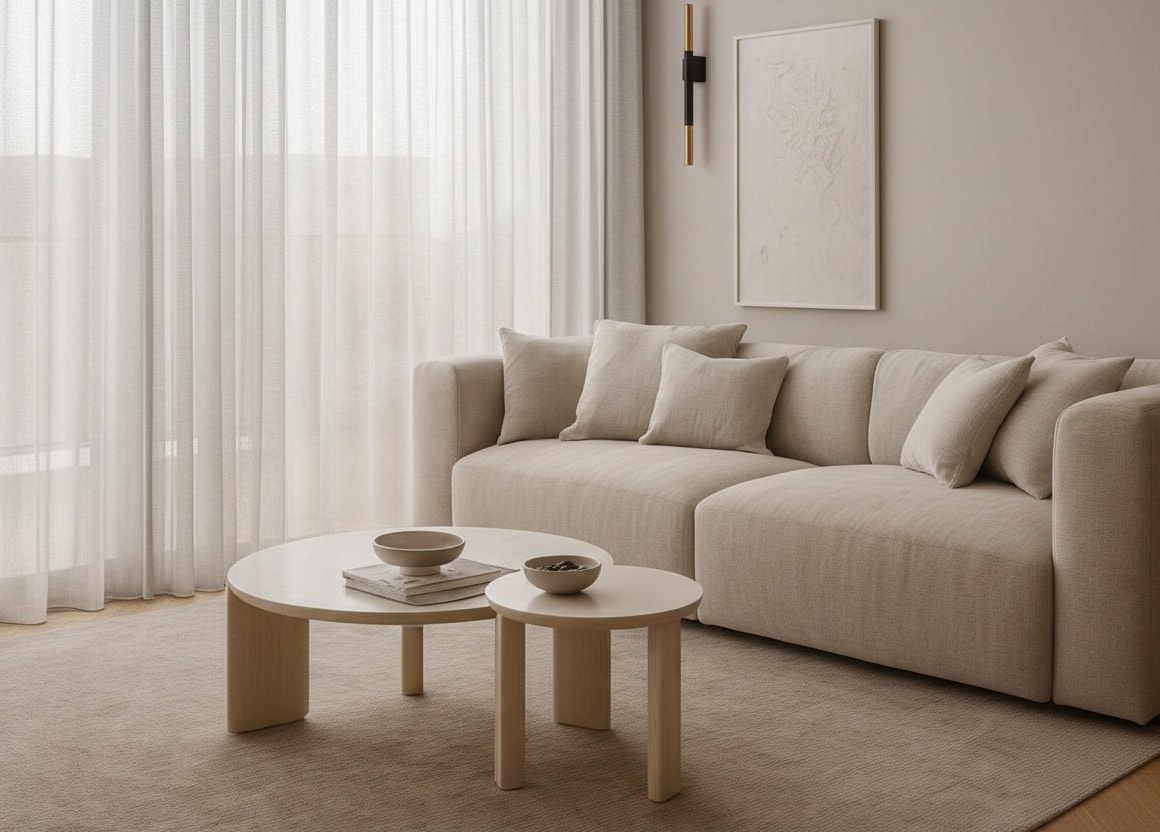 Modern minimalist living room with beige sofa