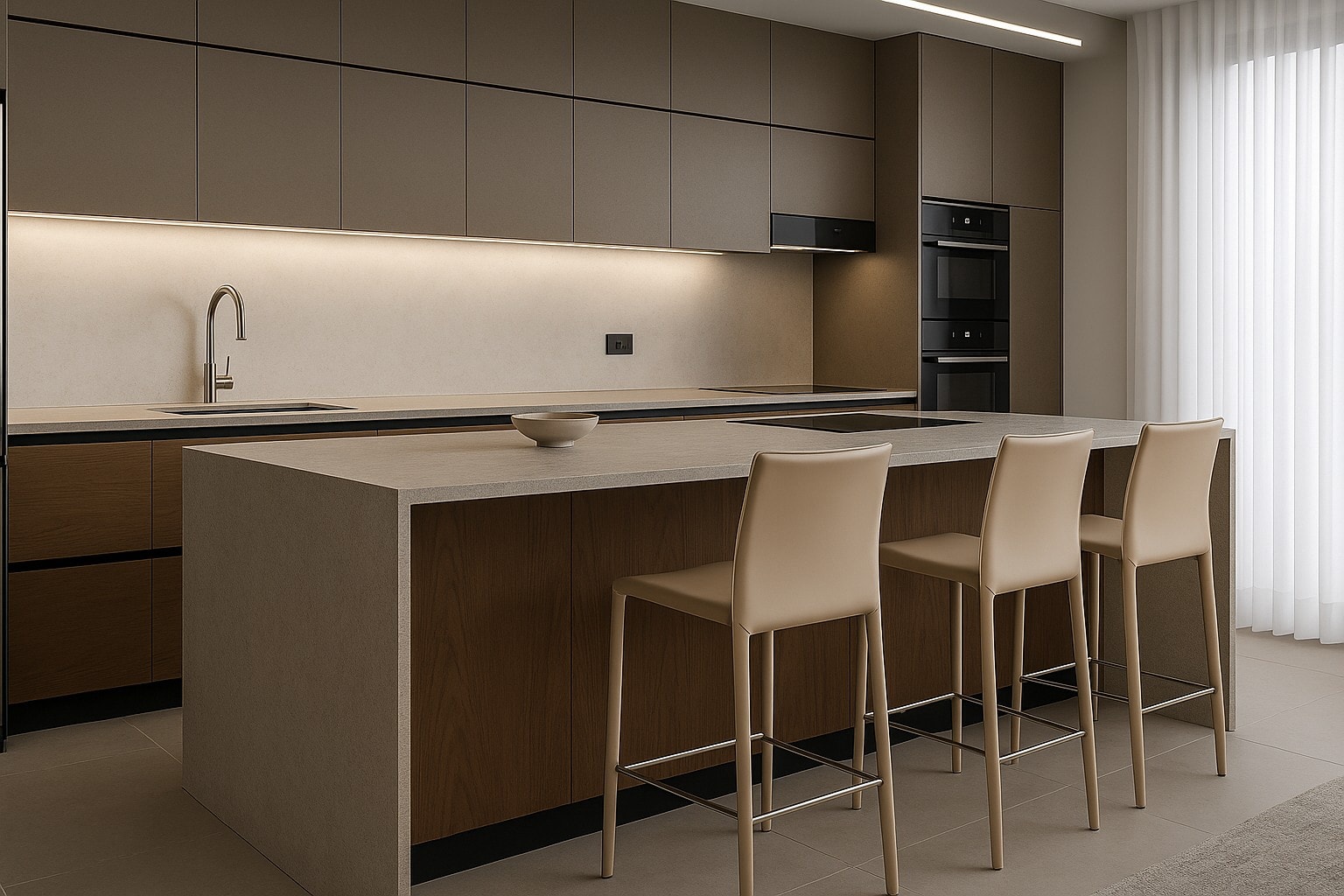 modern kitchen island beige bar stools